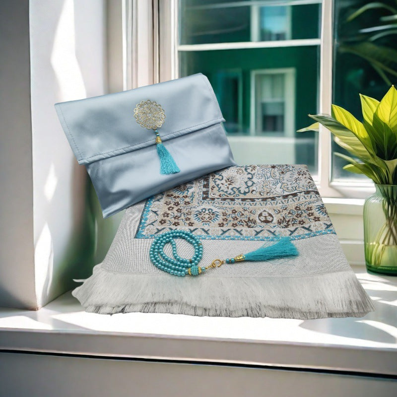 Muslim Prayer Rug & Tasbih Gift Set with Travel Pouch