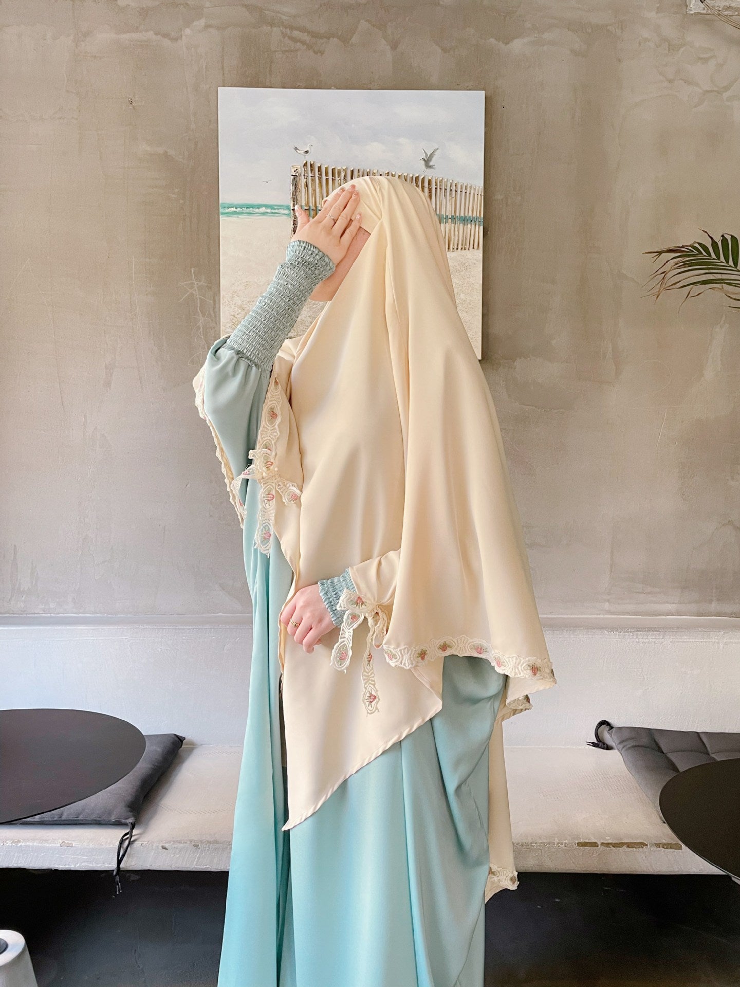 Elegant Single-Layer Khimar with Bow and Three-Tier Floral Embroidery (NCK002)