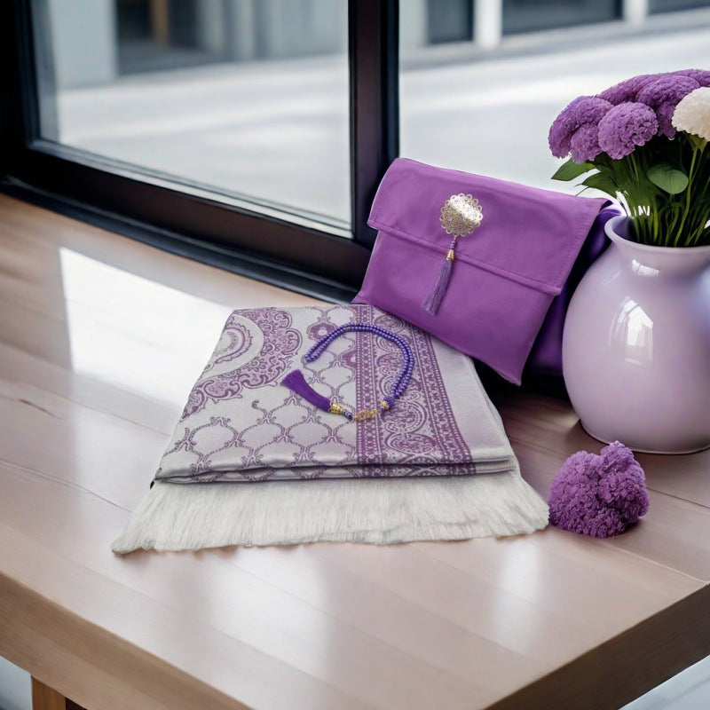 Muslim Prayer Rug & Tasbih Gift Set with Travel Pouch