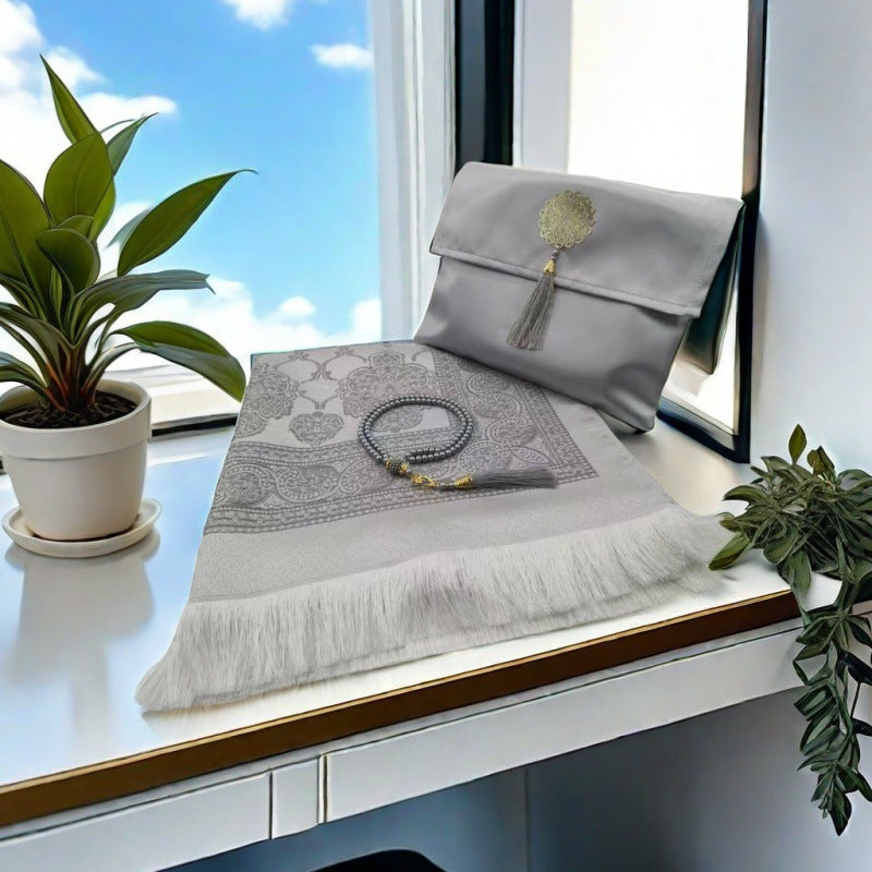 Muslim Prayer Rug & Tasbih Gift Set with Travel Pouch