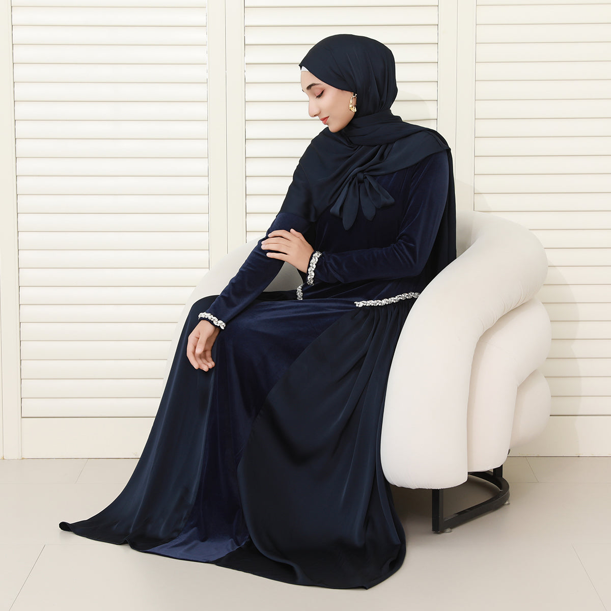 Navy Collar Velvet Satin Abaya Set with Hijab – Fall Modest Fashion (NCS016)