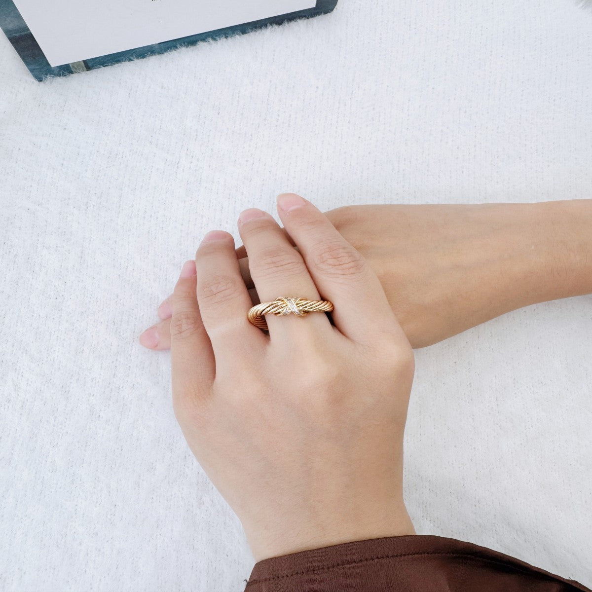 Gold Twisted Rope Ring with Crystal Accents – Adjustable Open Band Ring for Women(NCJ006)