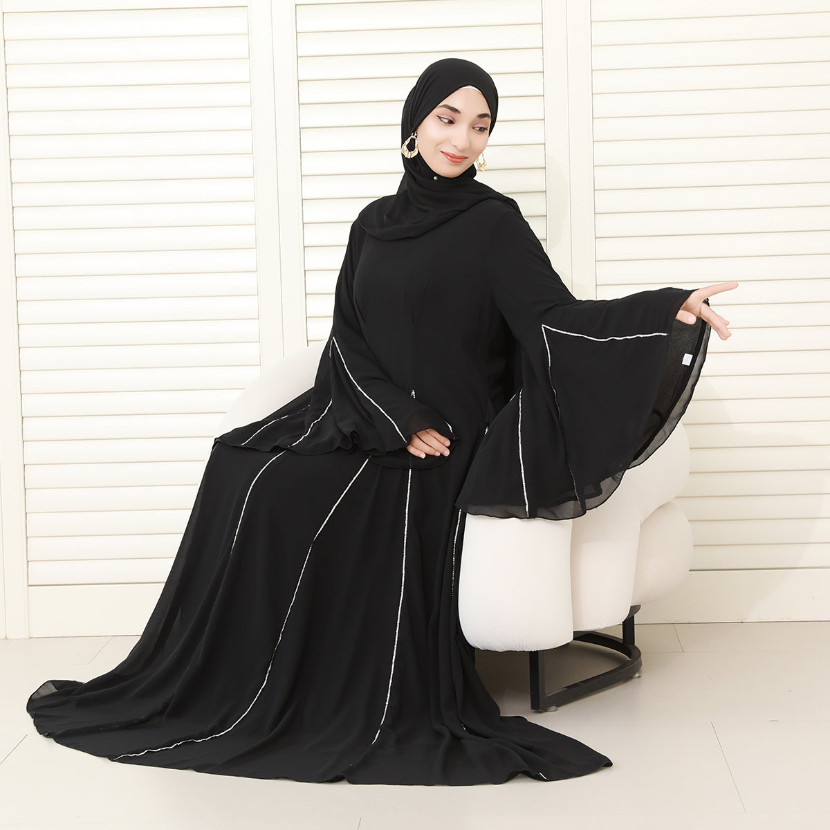 Elegant Bell Sleeve Maxi Abaya with Matching Hijab – Flowing Chiffon with Silver Trim(NCS019)