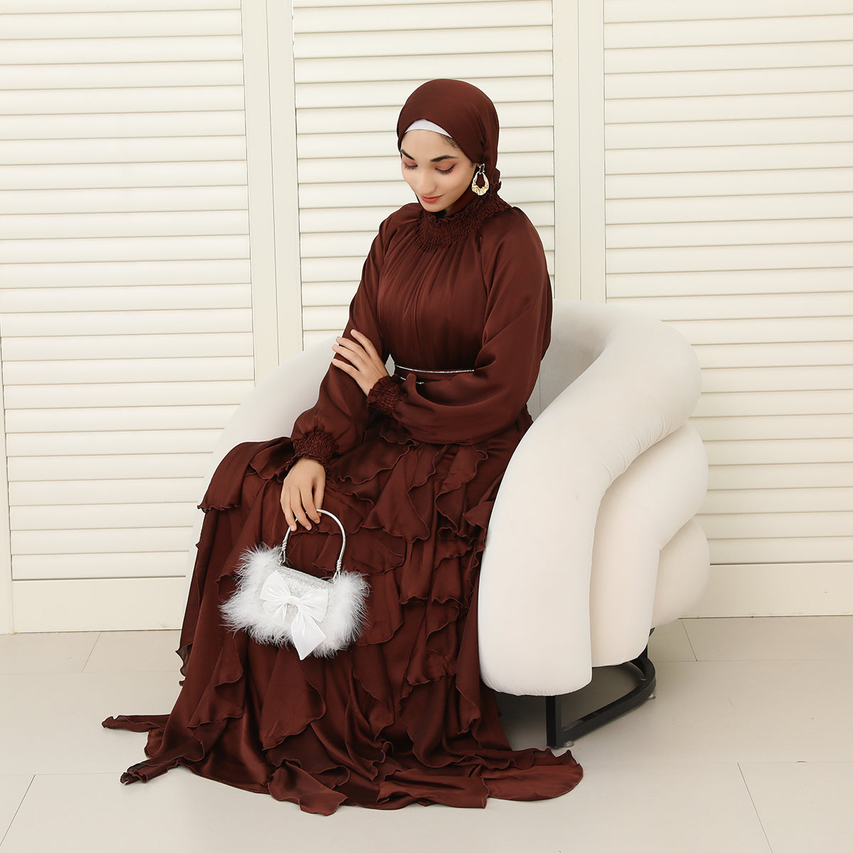 3-Piece Pleated Satin Ruffle Abaya with Crystal Belt & Hijab (NCS015)
