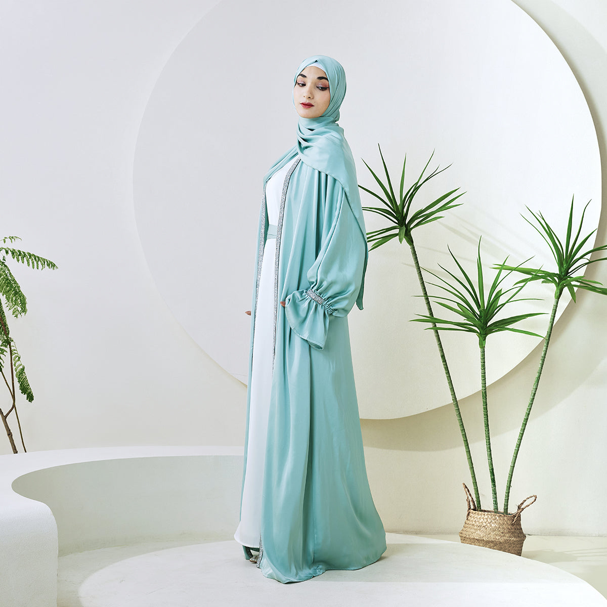 Poet Sleeve Satin Open Abaya With Matching Belt and Hijab(NCS007)