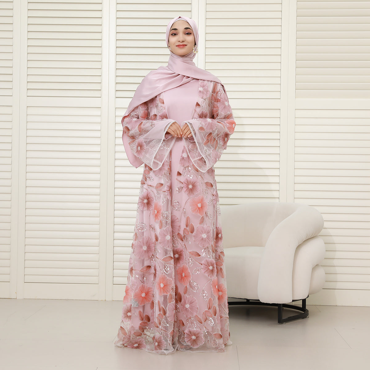 Floral Embroidered 4-Piece Abaya Set – Luxury Occasionwear Modest Dress (NCS013)