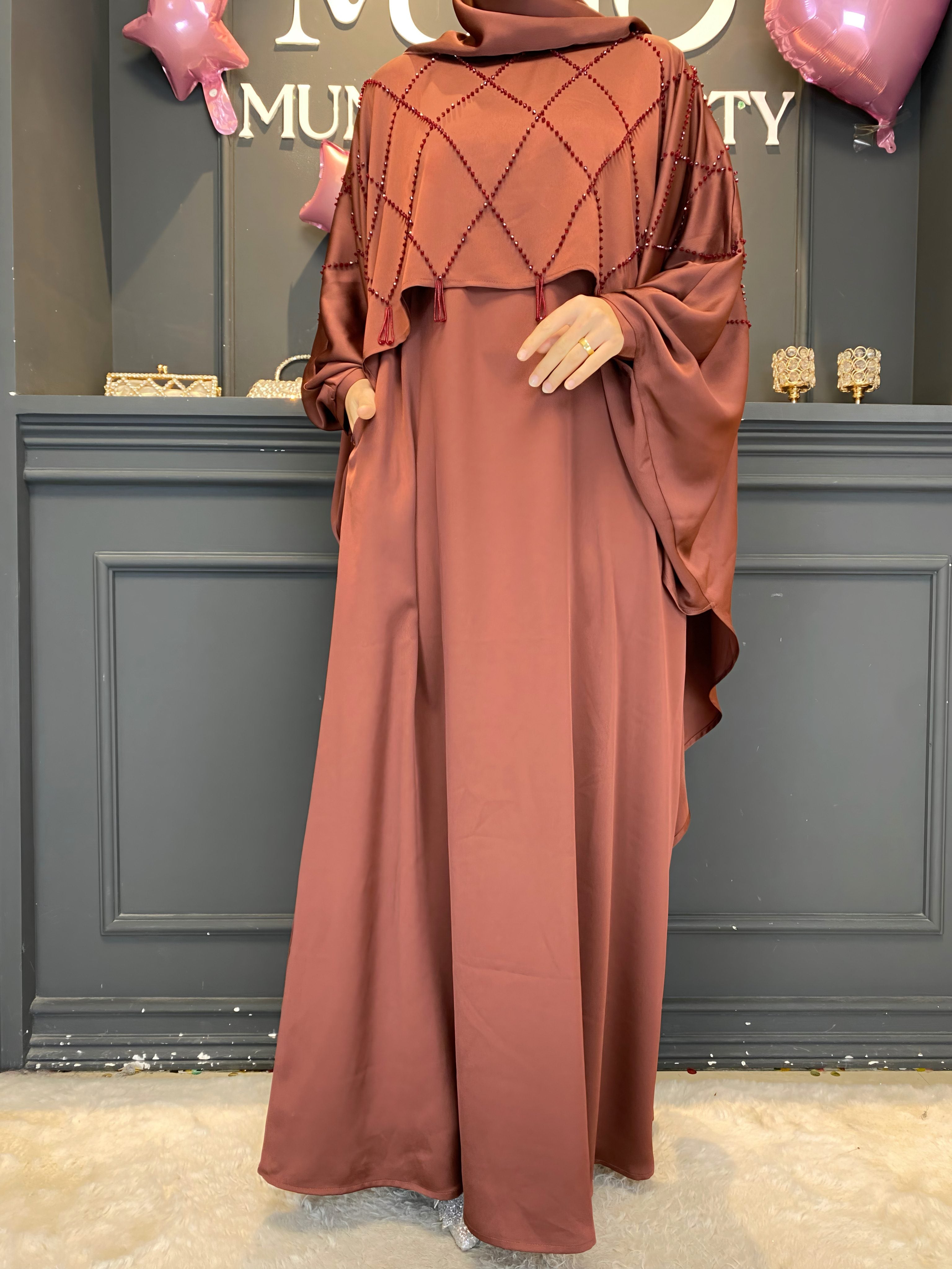 Ramadan 3-Piece Satin Abaya Set – Handmade Beaded Open Abaya with Inner Dress & Hijab (NCS021)