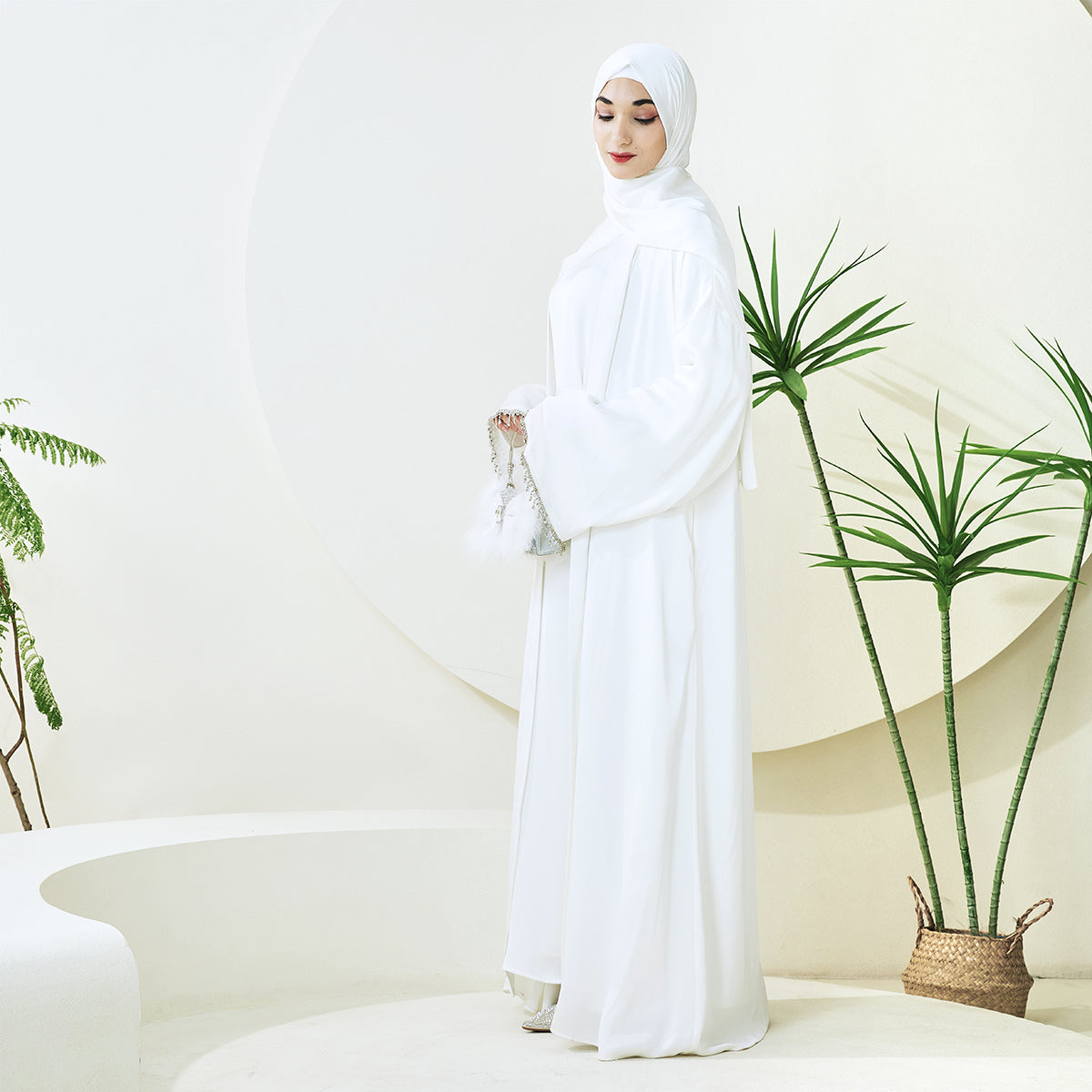 Satin Abaya With Diamond Tassels Belt, 4-Piece Set (NCS004)