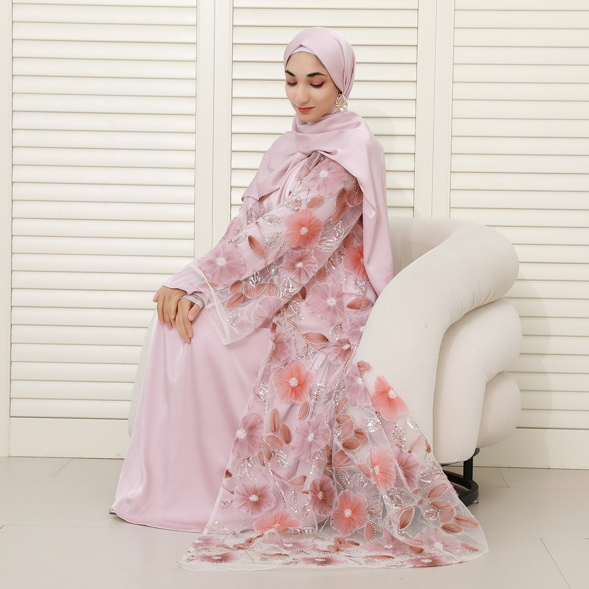 Floral Embroidered 4-Piece Abaya Set – Luxury Occasionwear Modest Dress (NCS013)