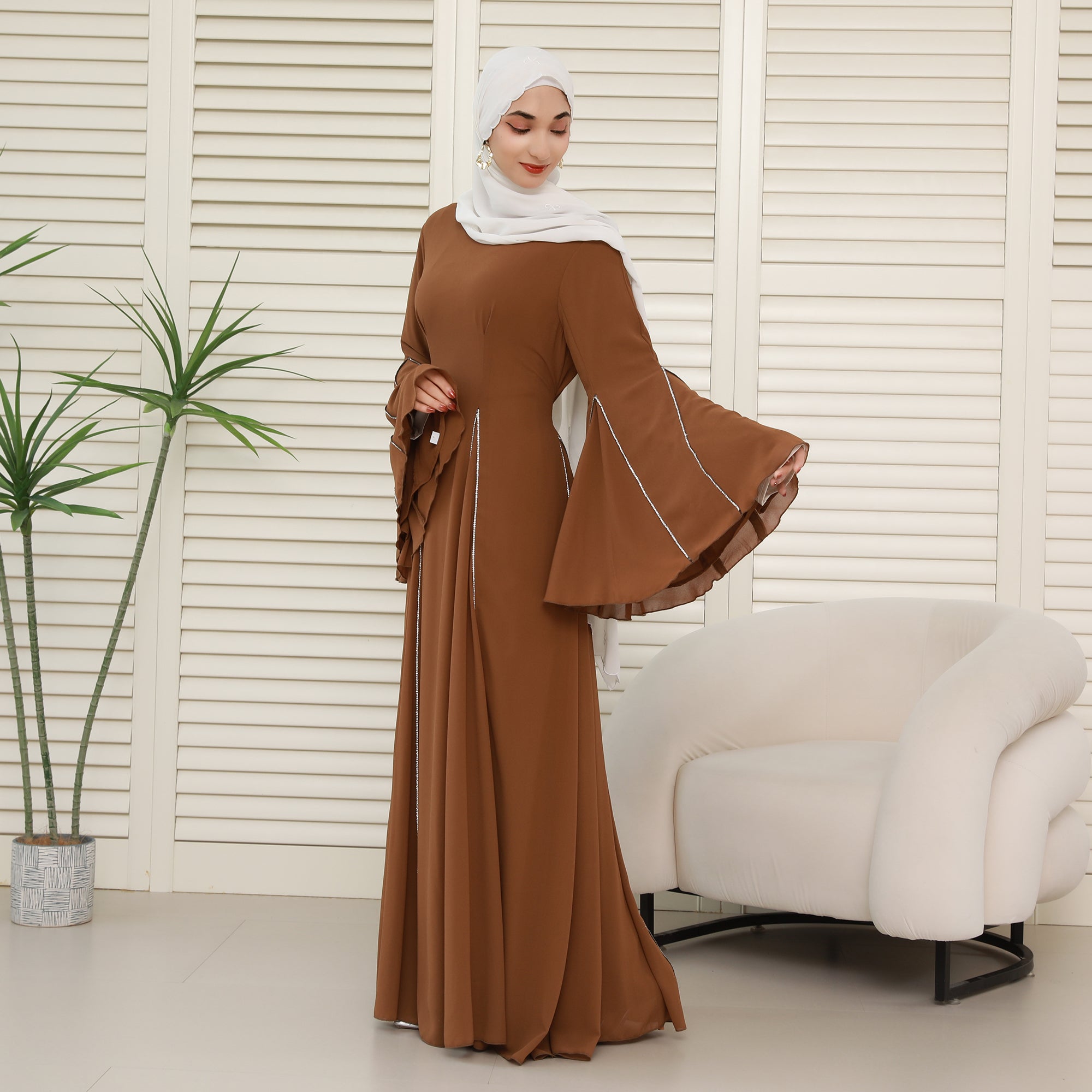 Elegant Bell Sleeve Maxi Abaya with Matching Hijab – Flowing Chiffon with Silver Trim(NCS019)