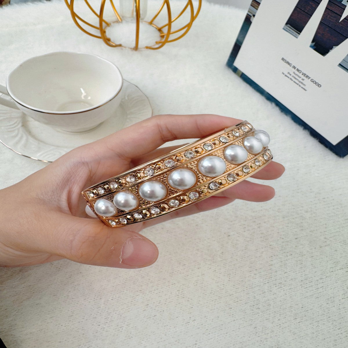 Gold-Plated Openable Wide Cuff Bracelet with Pearls – Elegant Statement Jewelry for Women(NCJ004)
