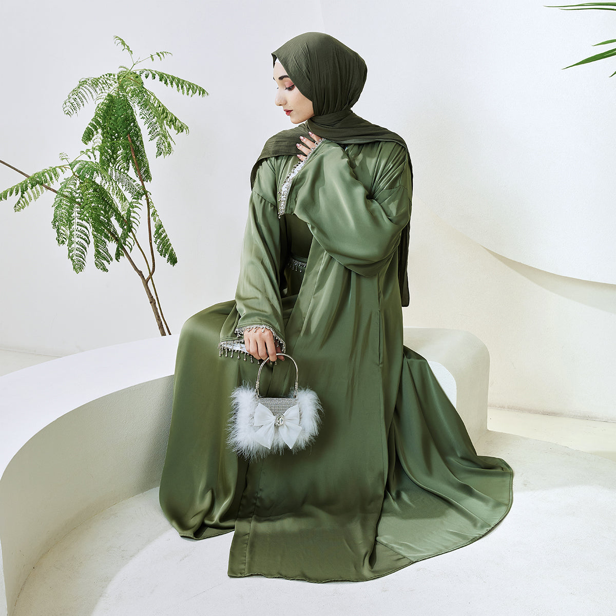 Satin Abaya With Diamond Tassels Belt, 4-Piece Set (NCS004)
