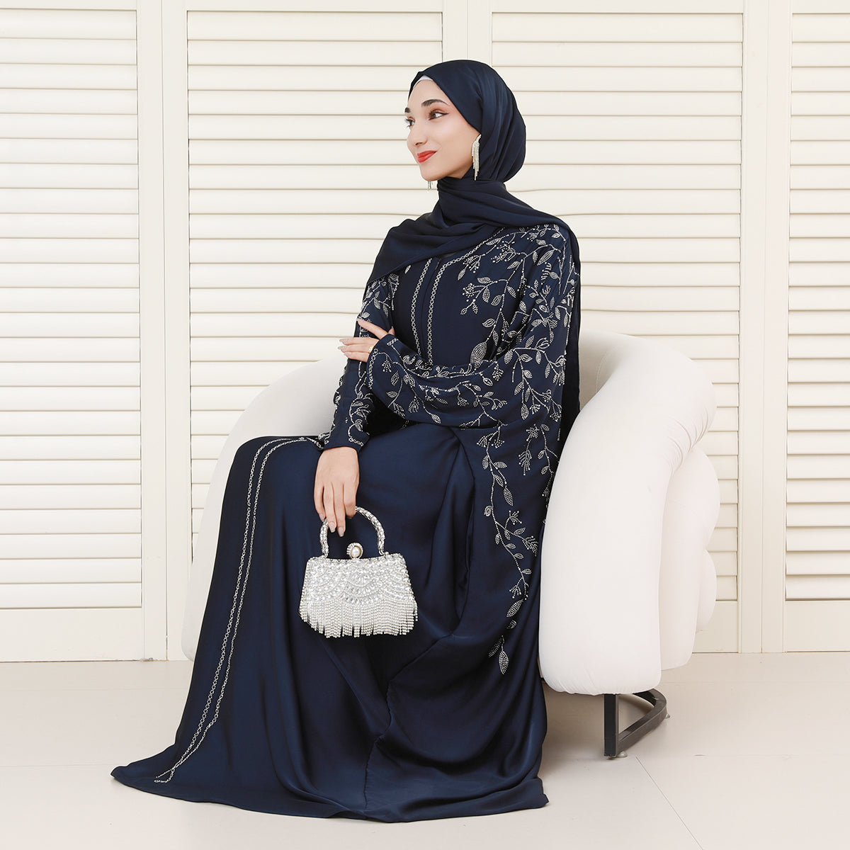 Luxury Rhinestone Zipper Abaya Dress with Built-In Belt and Hidden Snap Cuffs – Modest Maxi Dress with Pockets (NCS020)