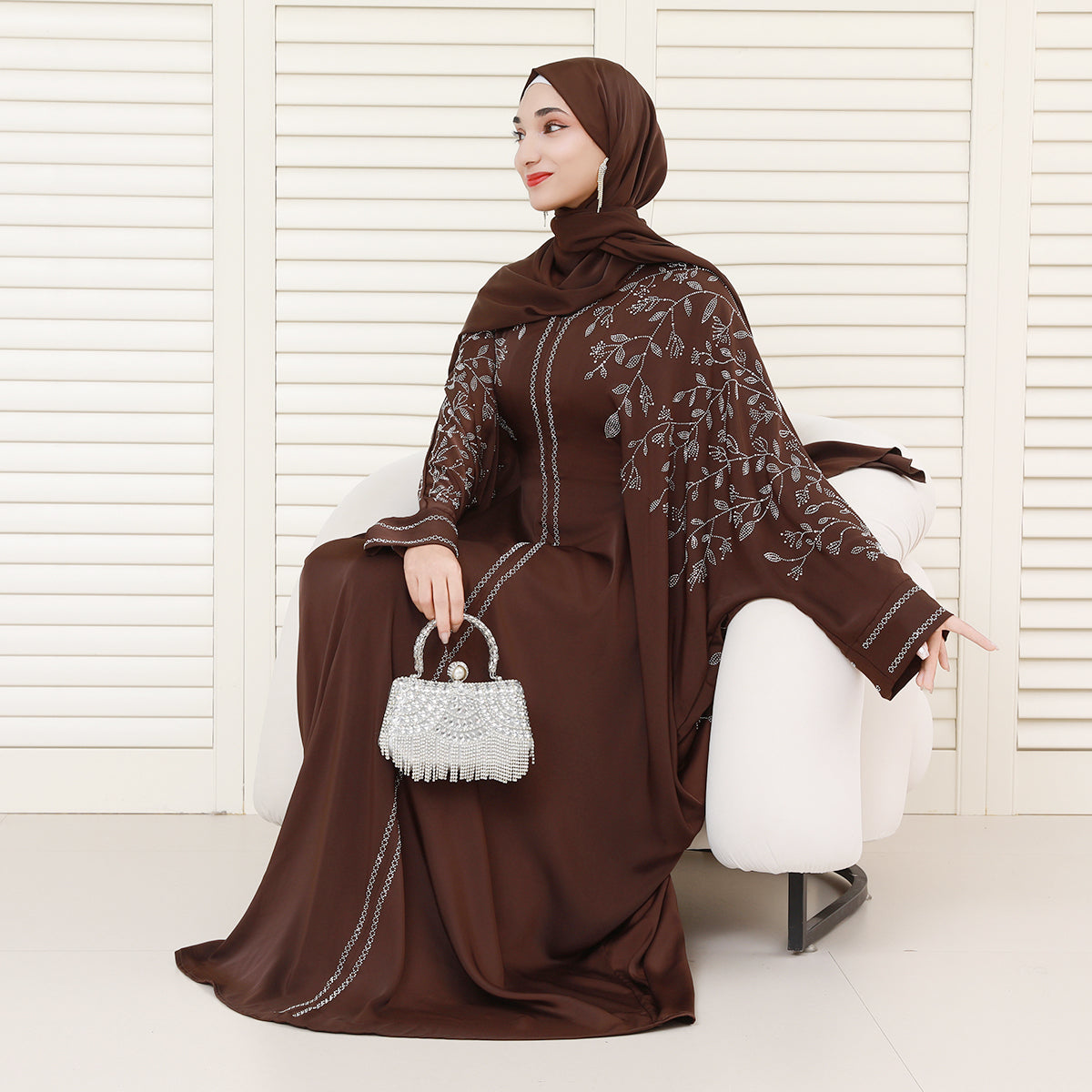 Luxury Rhinestone Zipper Abaya Dress with Built-In Belt and Hidden Snap Cuffs – Modest Maxi Dress with Pockets (NCS020)
