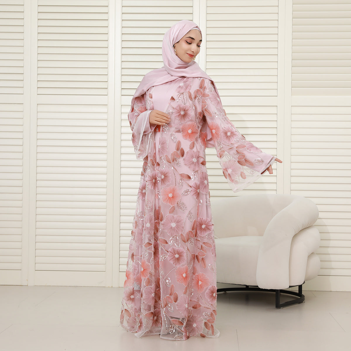Floral Embroidered 4-Piece Abaya Set – Luxury Occasionwear Modest Dress (NCS013)
