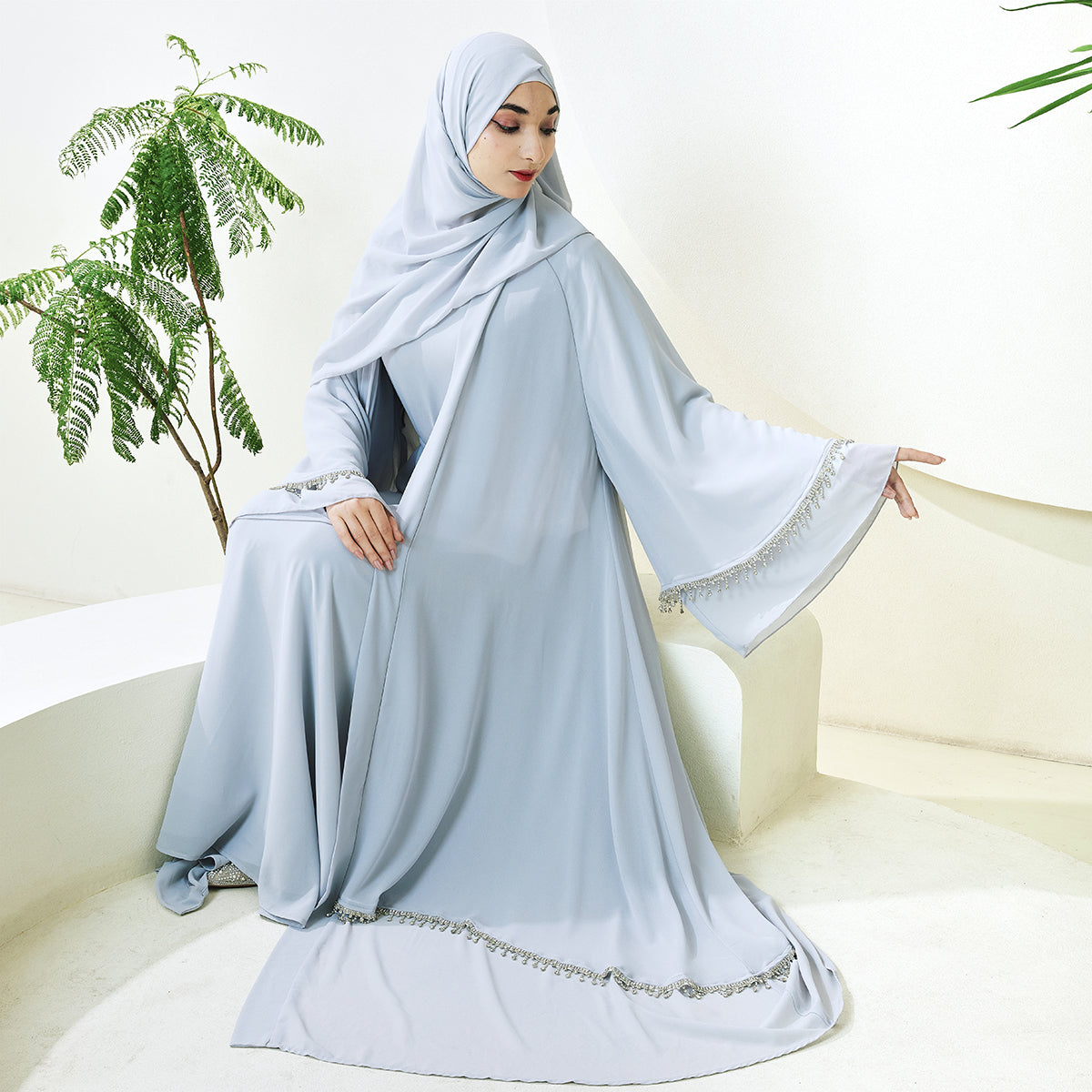 Elegant Chiffon Diamond Tassels Abaya Four - piece Set(NCS001)