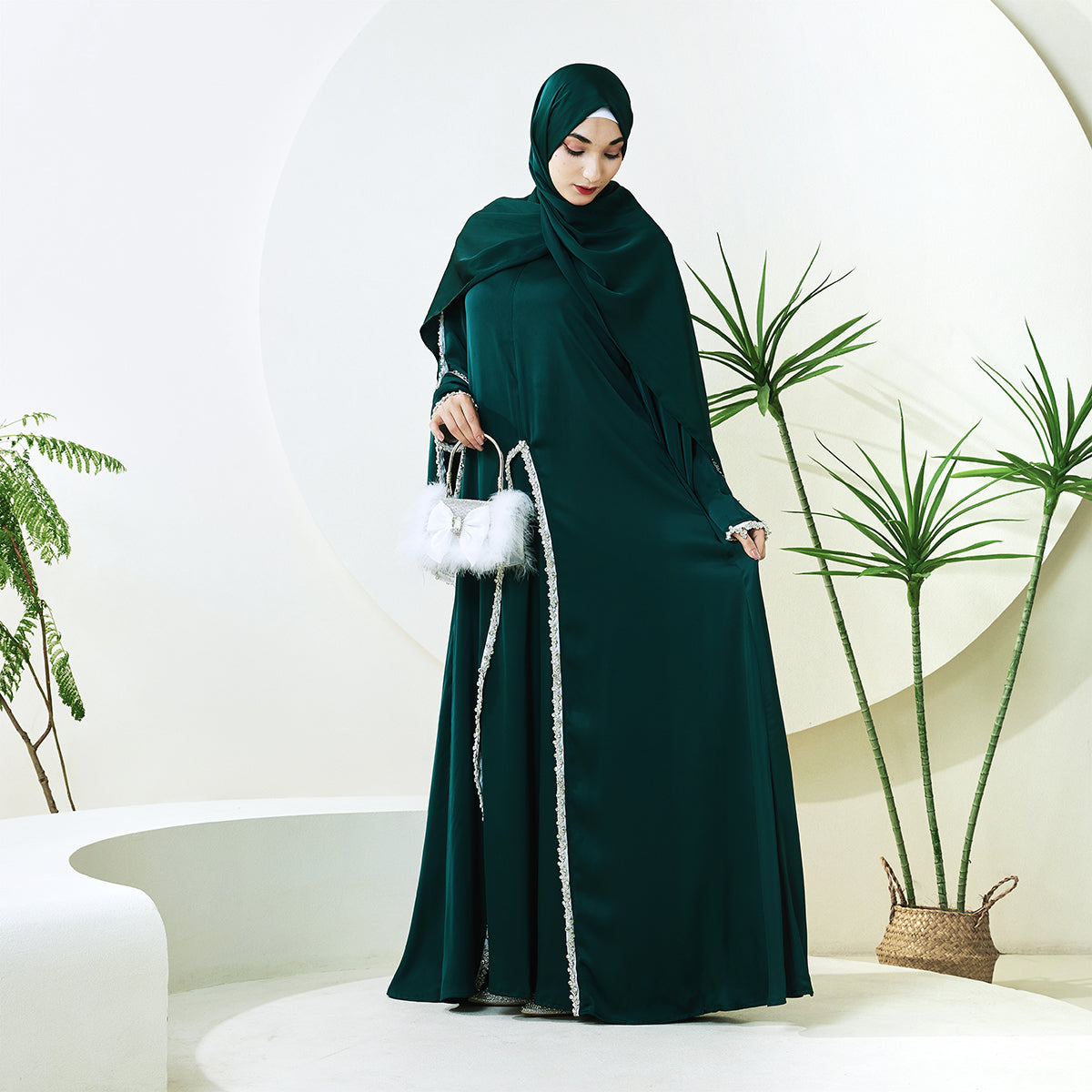 Rhinestone-Trim Inner Dress & Zippered Cape Abaya Set – Pre-Order (NCS011)