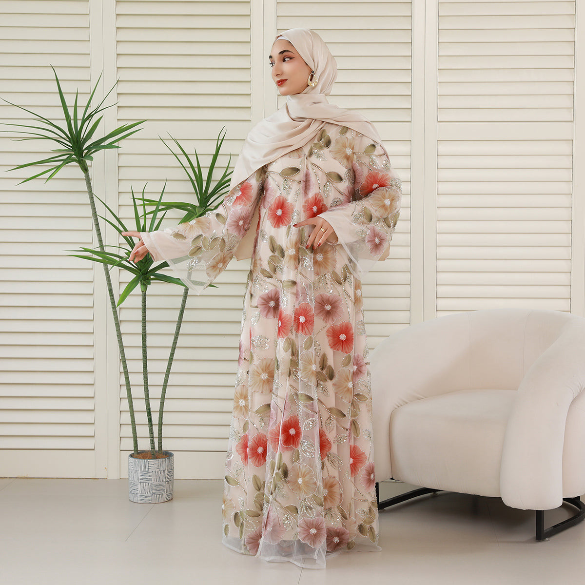 Floral Embroidered 4-Piece Abaya Set – Luxury Occasionwear Modest Dress  (NCS013)