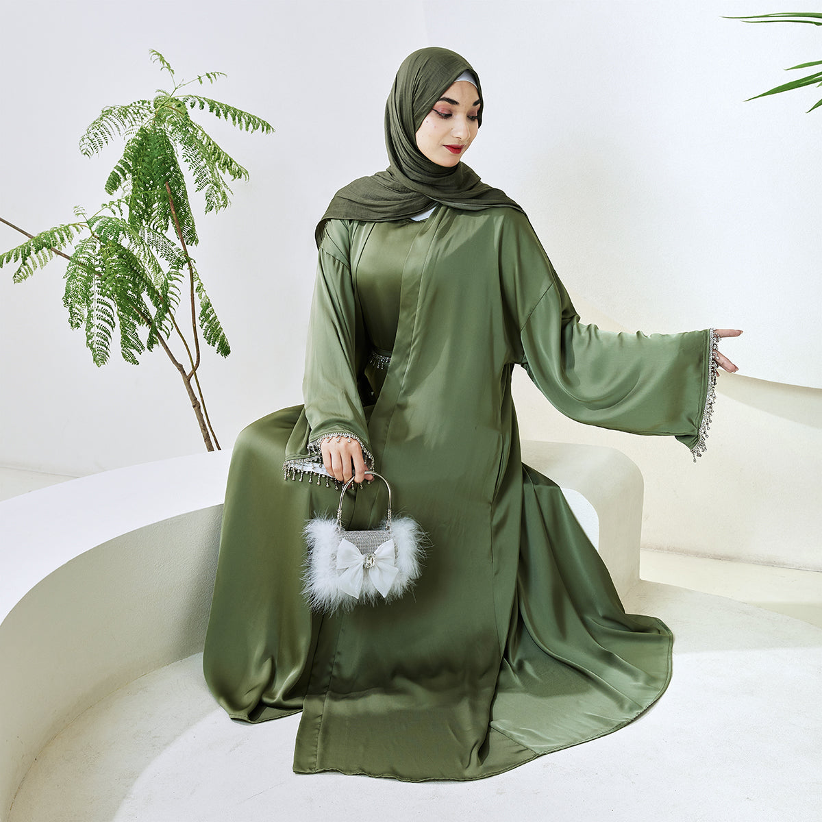 Satin Abaya With Diamond Tassels Belt, 4-Piece Set (NCS004)