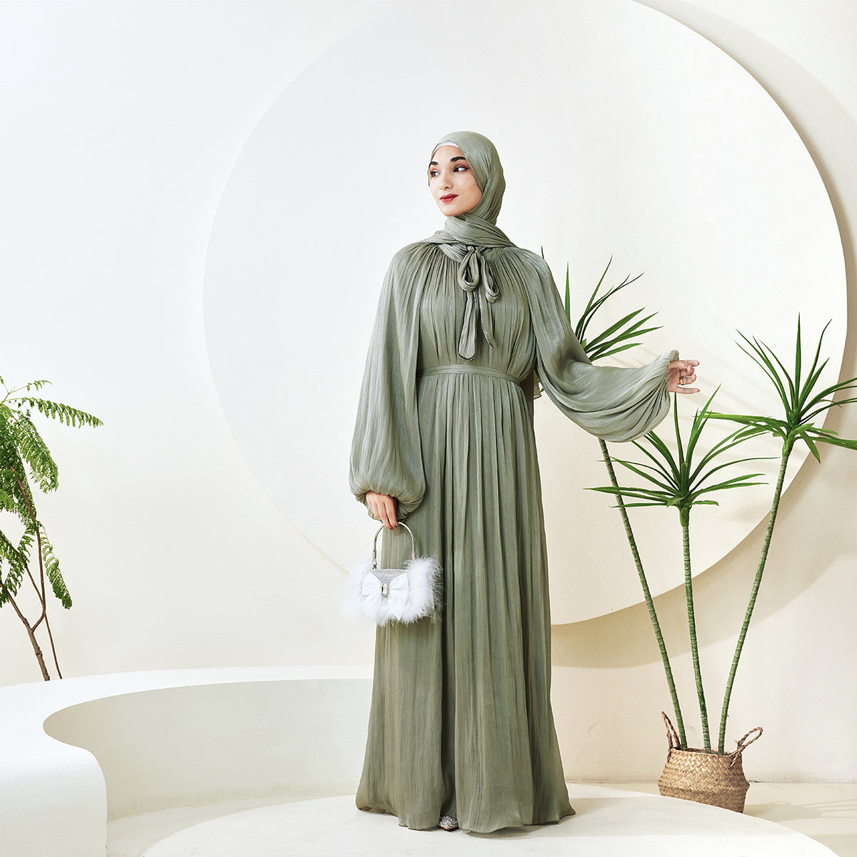 Haffafa Armani Satin Abaya Set – Modest Dress with Matching Belt & Hijab(NCS002)