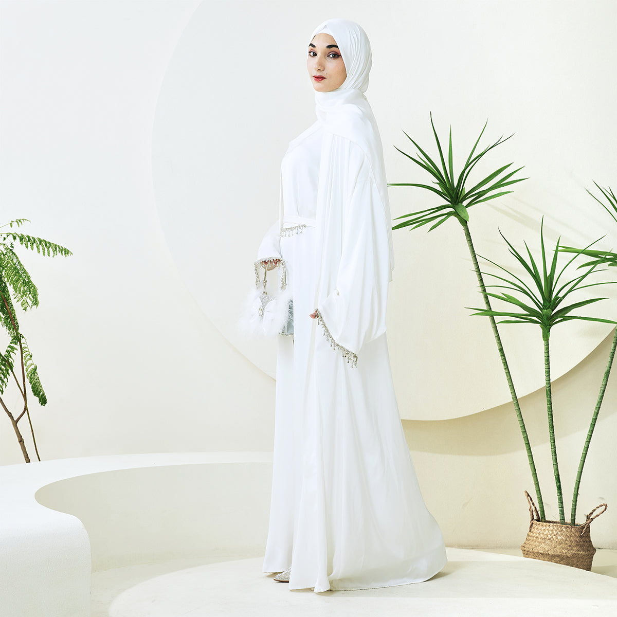 Satin Abaya With Diamond Tassels Belt, 4-Piece Set (NCS004)