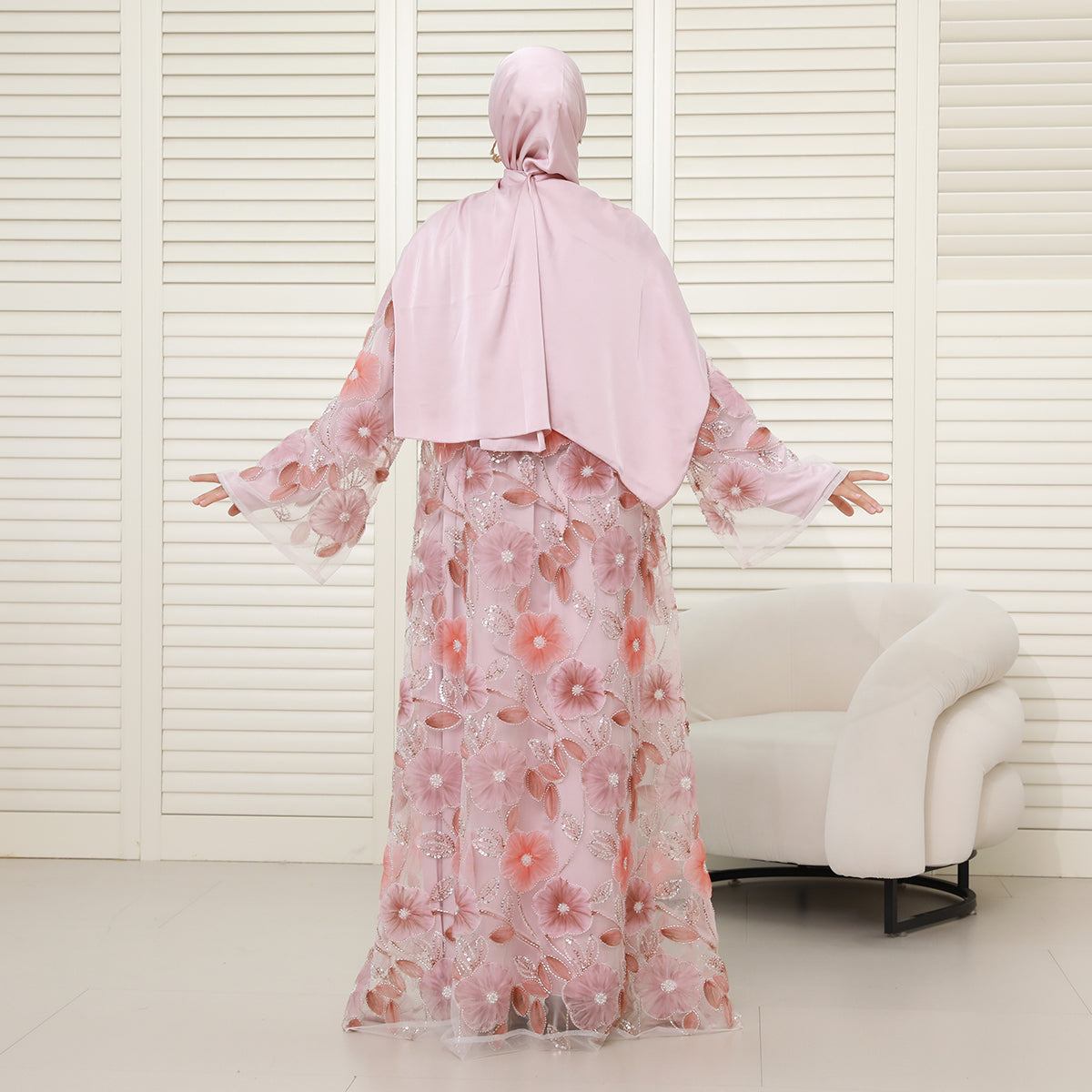 Floral Embroidered 4-Piece Abaya Set – Luxury Occasionwear Modest Dress (NCS013)