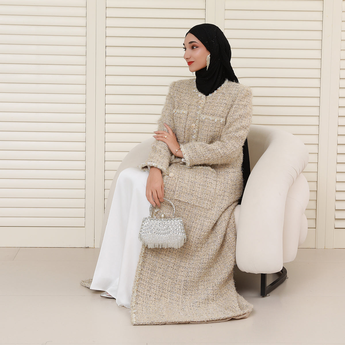 Wool Blend Winter Tweed Abaya Coat with Rhinestone Trim – Elegant Chanel-Inspired Modest Outerwear(NCC001)