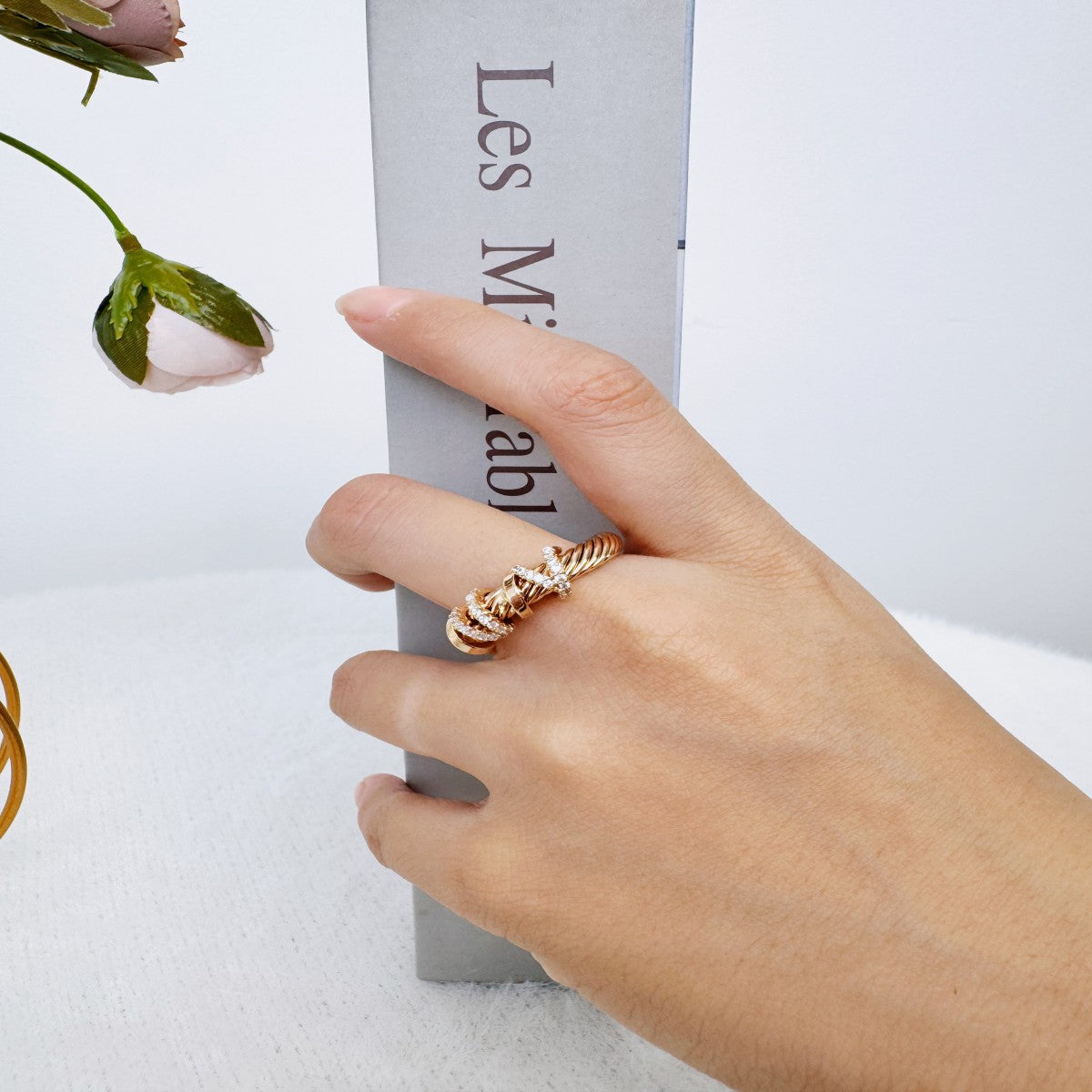 Gold Twisted Rope Ring with Crystal Accents – Adjustable Open Band Ring for Women(NCJ006)