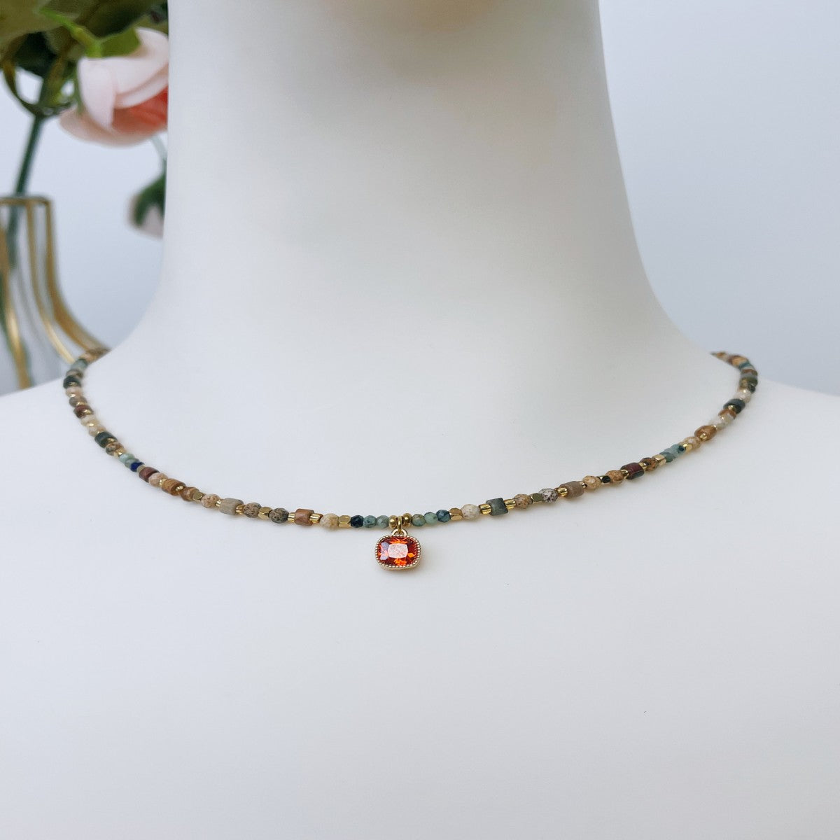 Boho Raw Stone Beaded Necklace with Vintage Sun Pendant – Handmade Natural Gemstone Jewelry for Women(NCJ001)