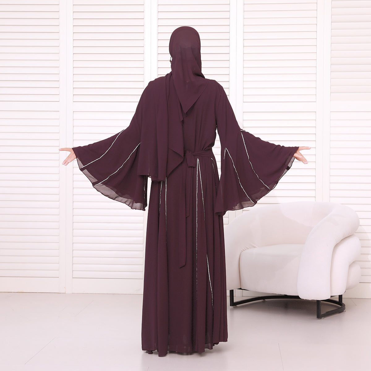 Elegant Bell Sleeve Maxi Abaya with Matching Hijab – Flowing Chiffon with Silver Trim(NCS019)