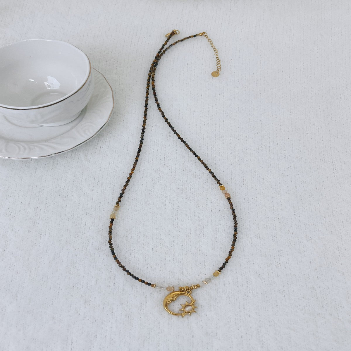 Boho Raw Stone Beaded Necklace with Vintage Sun Pendant – Handmade Natural Gemstone Jewelry for Women(NCJ001)