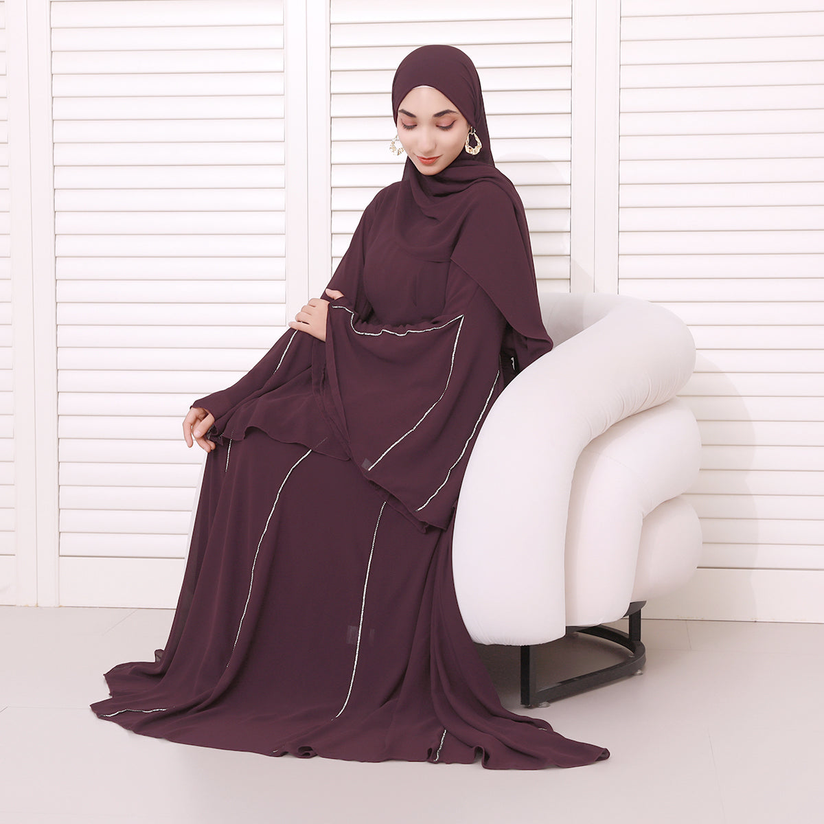 Elegant Bell Sleeve Maxi Abaya with Matching Hijab – Flowing Chiffon with Silver Trim(NCS019)