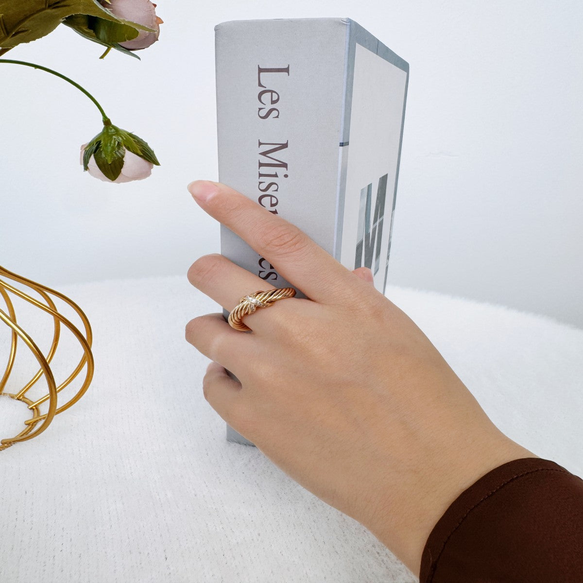 Gold Twisted Rope Ring with Crystal Accents – Adjustable Open Band Ring for Women(NCJ006)