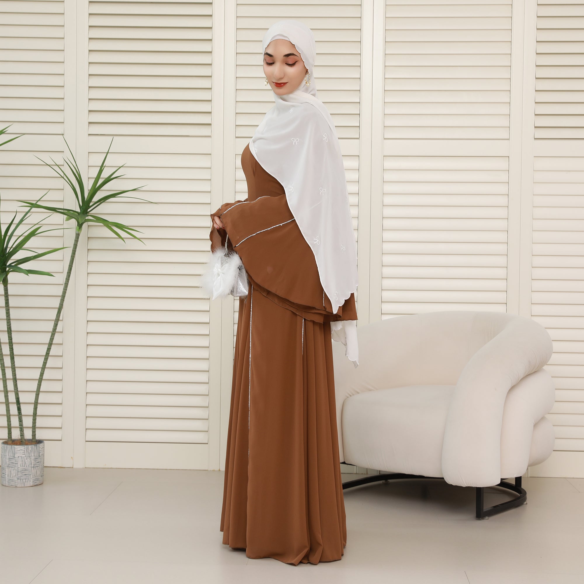 Elegant Bell Sleeve Maxi Abaya with Matching Hijab – Flowing Chiffon with Silver Trim(NCS019)