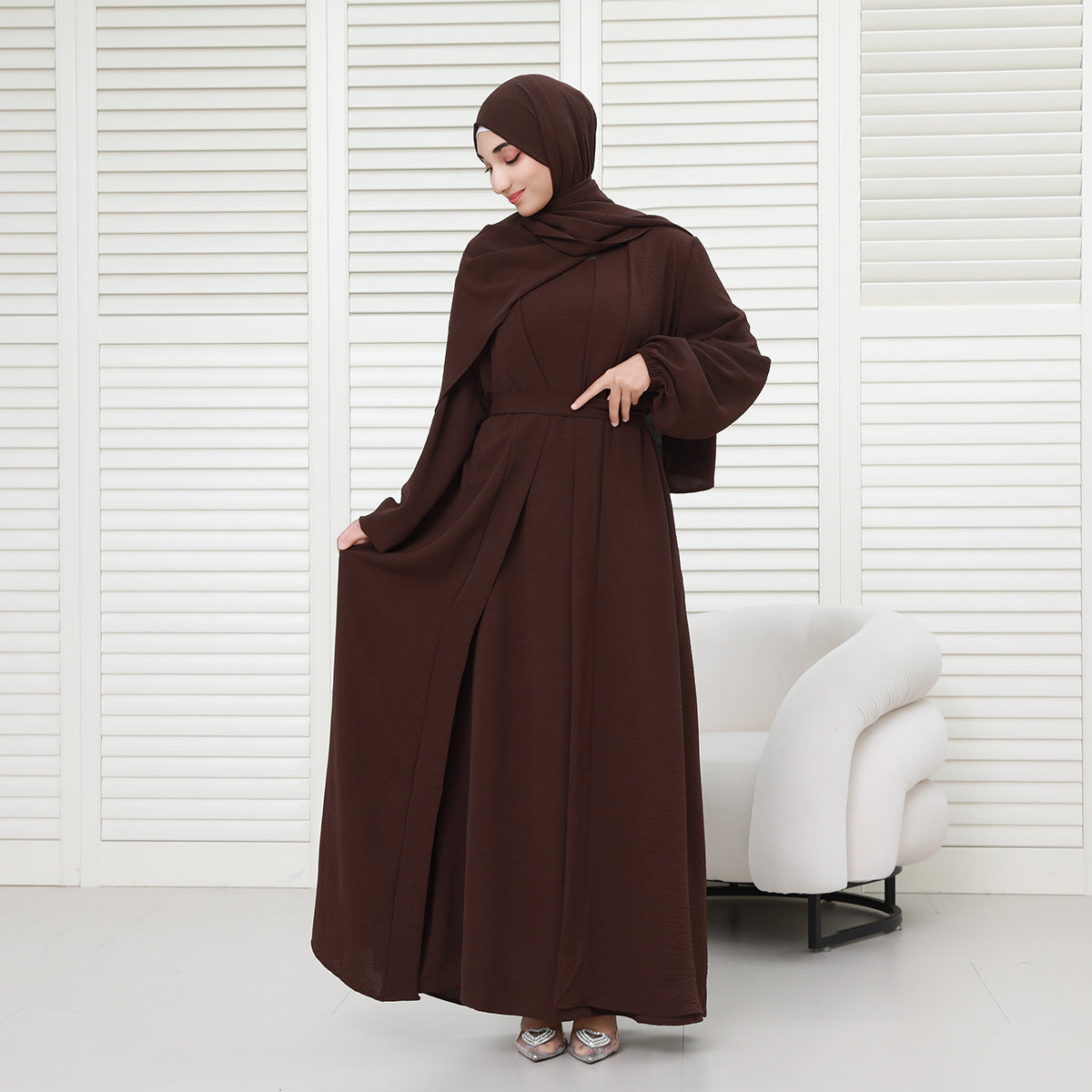 3-Piece Modest Abaya Set with Inner Dress, Outer Layer & Waist Belt – Elegant Everyday Wear (NCA010)