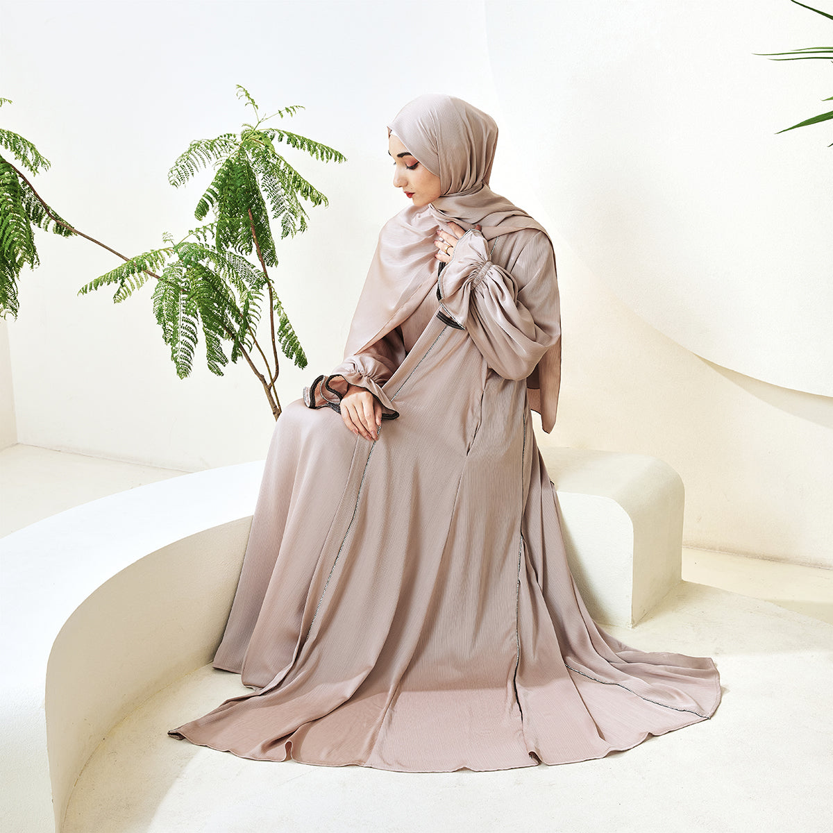 3-Piece Ruffle Sleeve Haiya Abaya Set with Sparkling Rhinestone (NCS006)