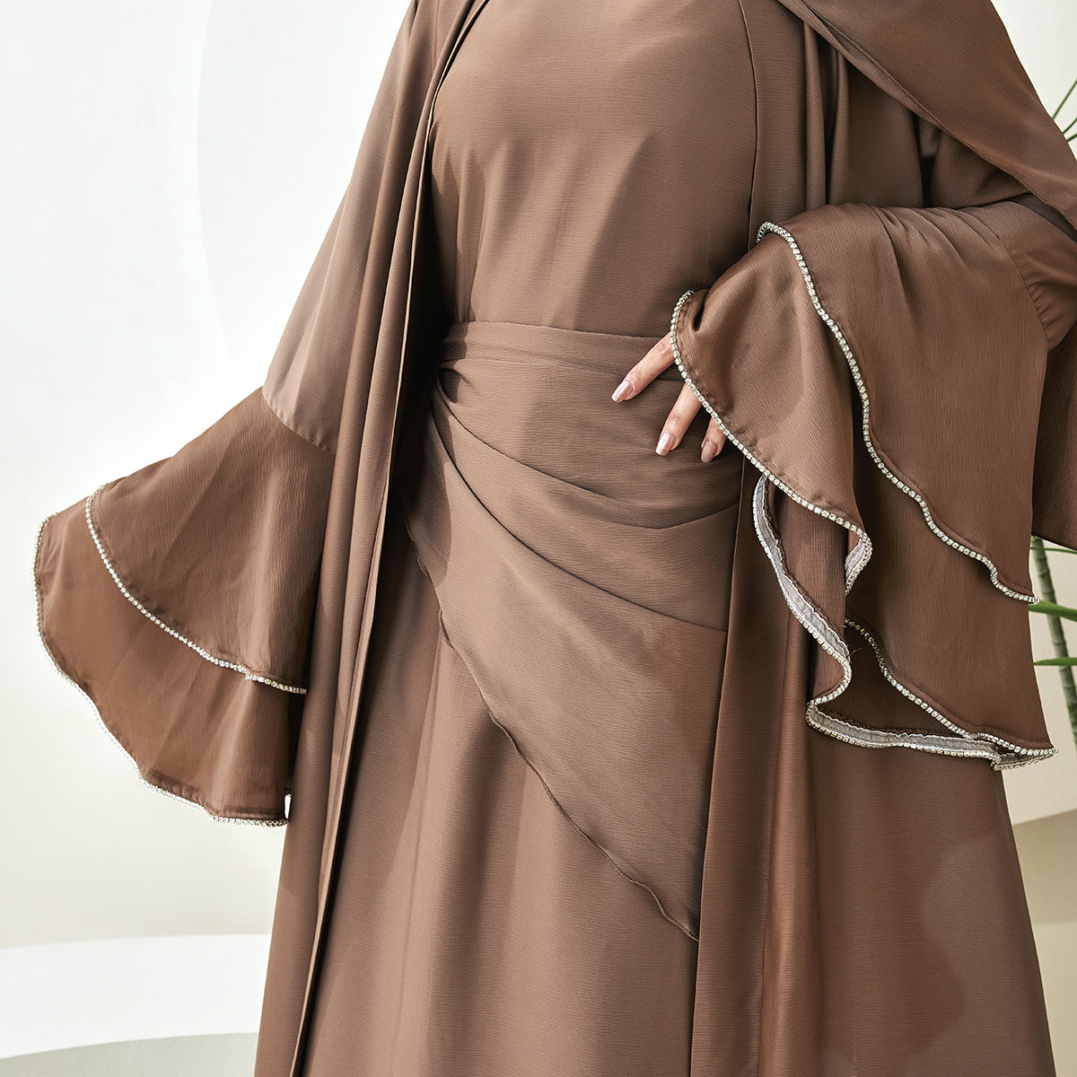 Crepe Satin Ruffle Sleeve Abaya, 5-Piece Set (NCS003)