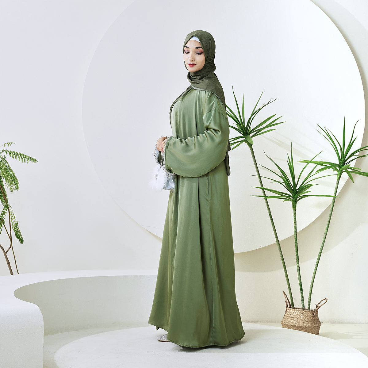 Satin Abaya With Diamond Tassels Belt, 4-Piece Set (NCS004)