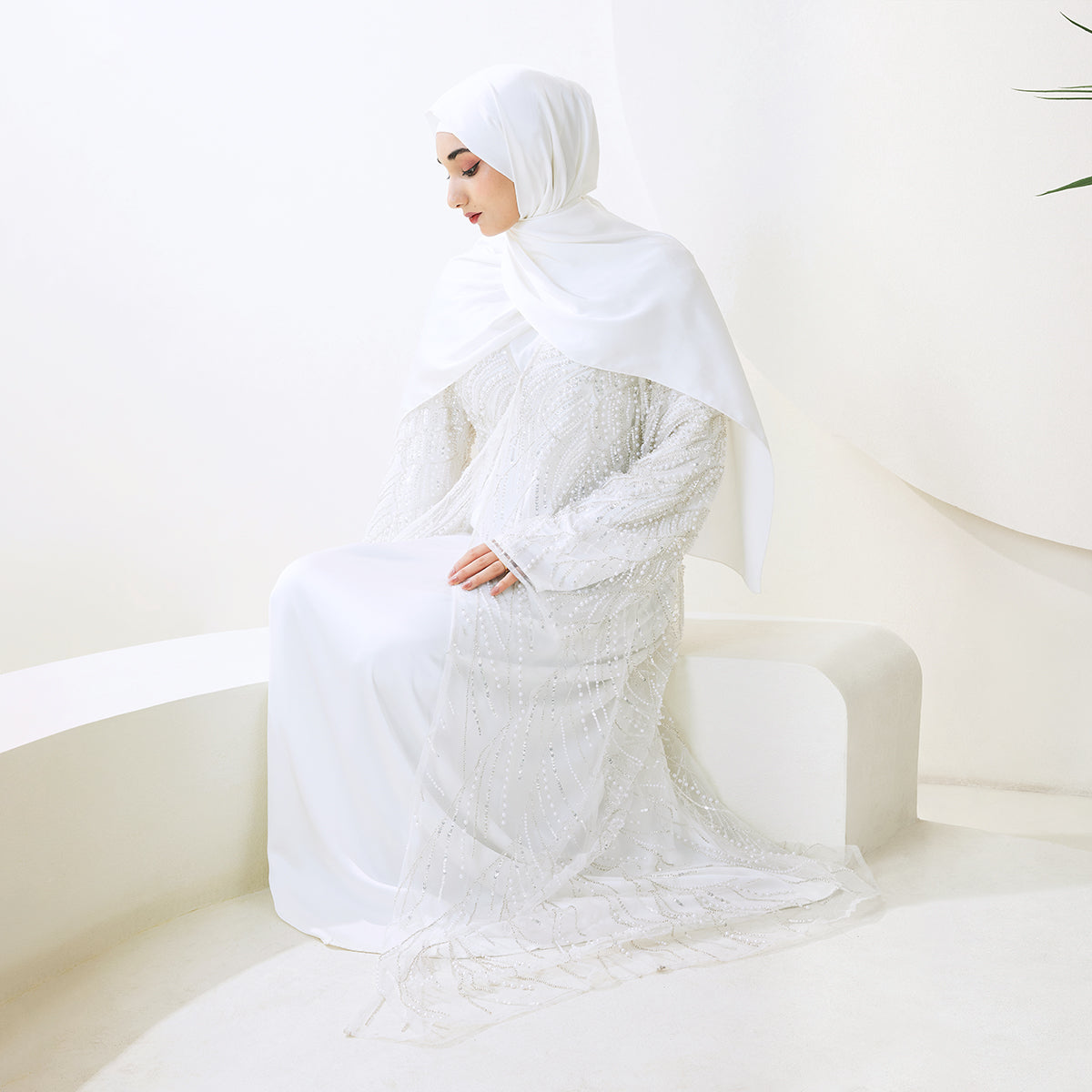 3-Piece Bridal Abaya Set with Pearl‑Embellished Organza Overlay PREORDER(NCS010)