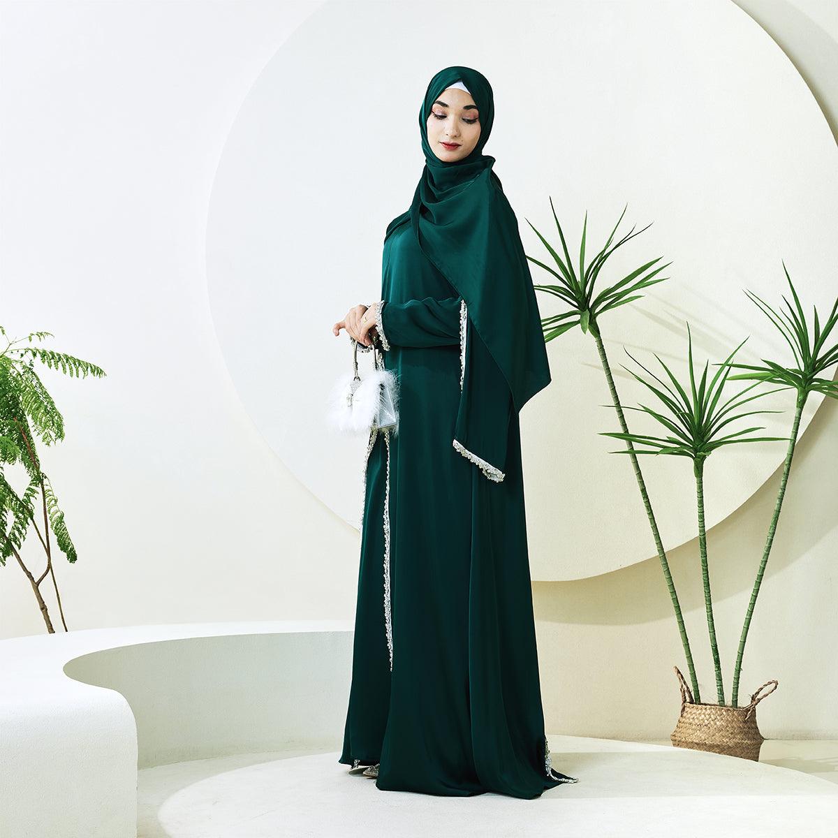 Rhinestone-Trim Inner Dress & Zippered Cape Abaya Set – Pre-Order (NCS011)