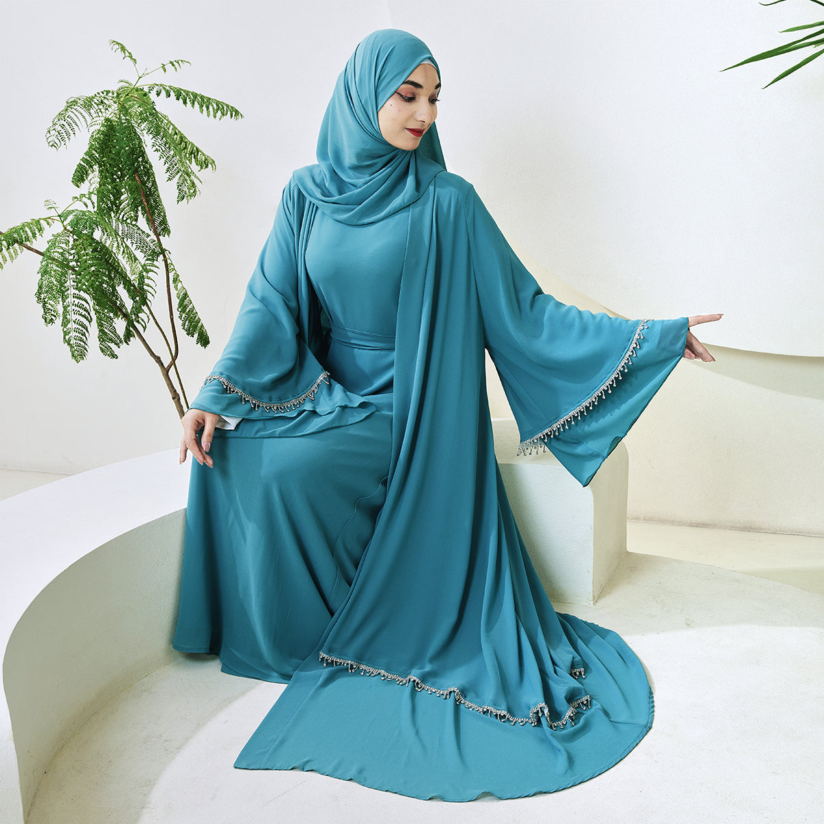 Elegant Chiffon Diamond Tassels Abaya Four - piece Set(NCS001)