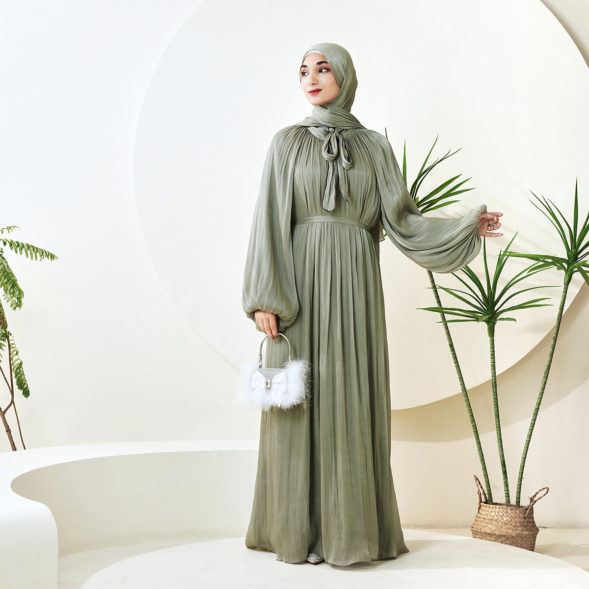 Haffafa Armani Satin Abaya Set – Modest Dress with Matching Belt & Hijab(NCS002)