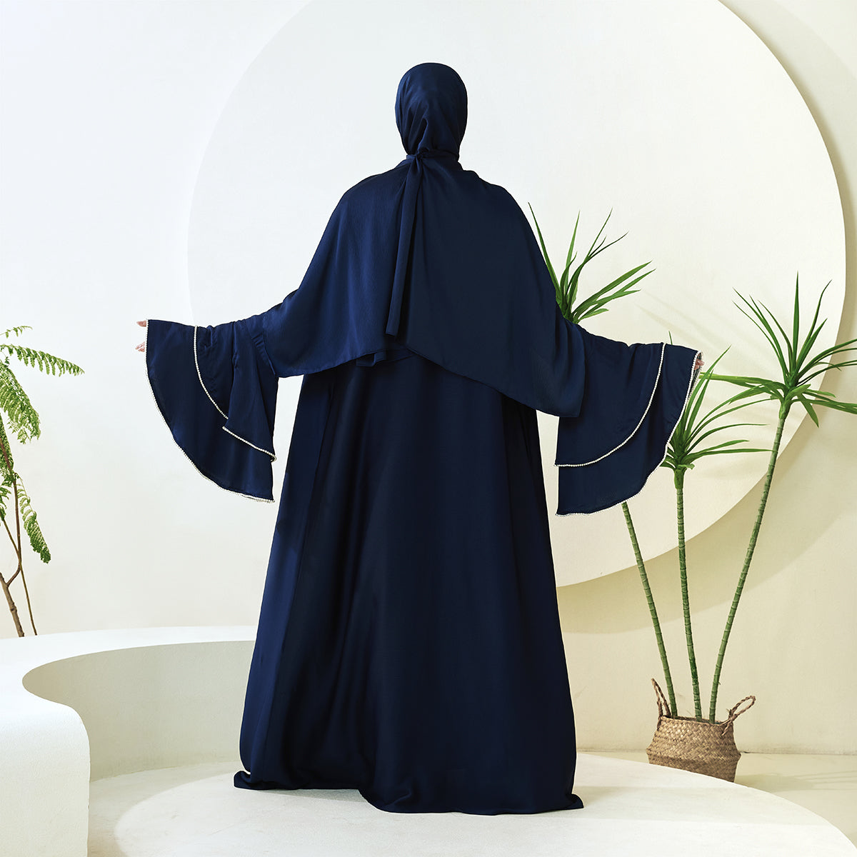Crepe Satin Ruffle Sleeve Abaya, 5-Piece Set (NCS003)