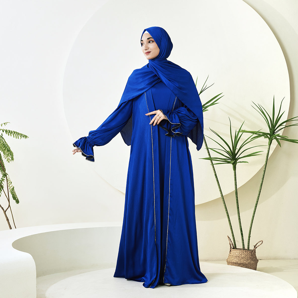 3-Piece Ruffle Sleeve Haiya Abaya Set with Sparkling Rhinestone (NCS006)