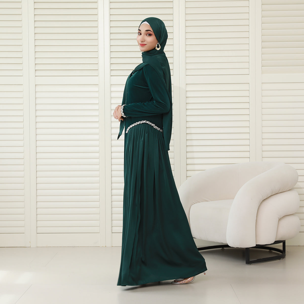 Navy Collar Velvet Satin Abaya Set with Hijab – Fall Modest Fashion (NCS016)