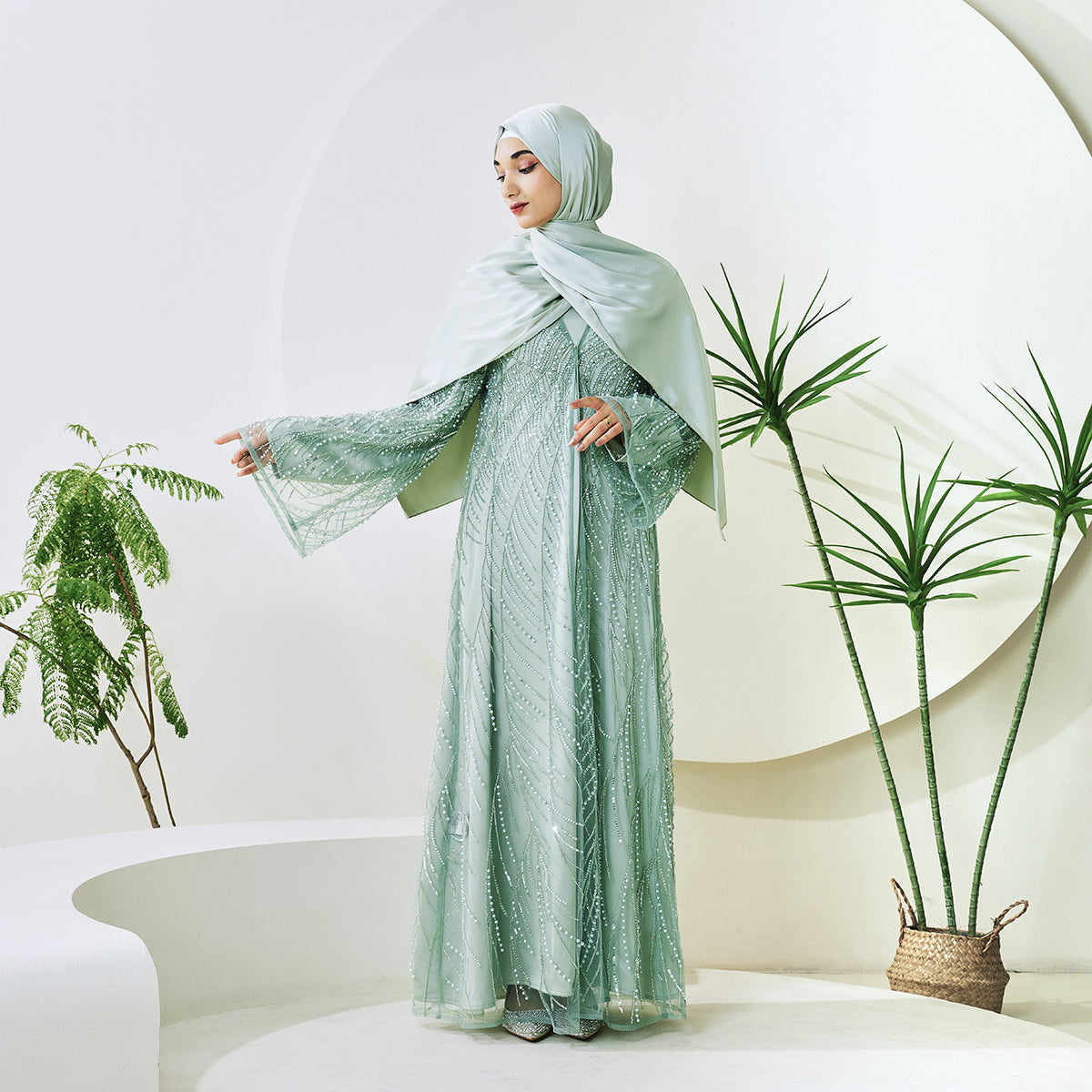 3-Piece Bridal Abaya Set with Pearl‑Embellished Organza Overlay PREORDER(NCS010)