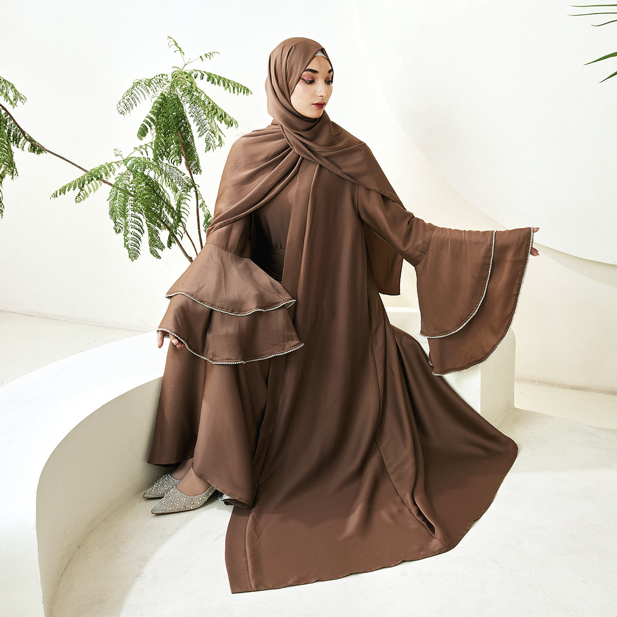 Crepe Satin Ruffle Sleeve Abaya, 5-Piece Set (NCS003)