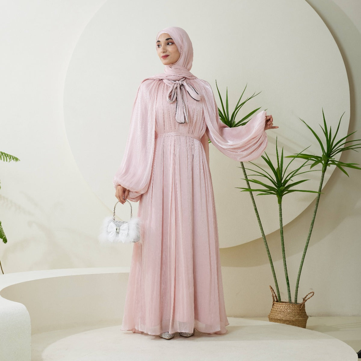 Haffafa Armani Satin Abaya Set – Modest Dress with Matching Belt & Hijab(NCS002)
