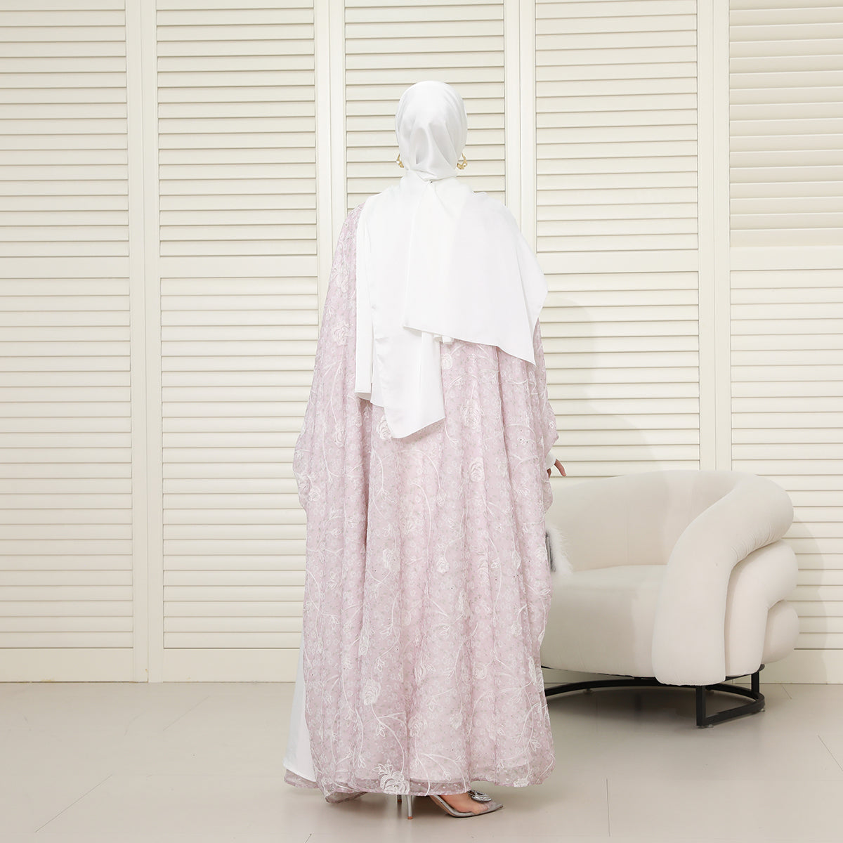 Reversible 4-Piece Batwing Abaya Set – Armani Satin & Embroidered Chiffon (NCS018)