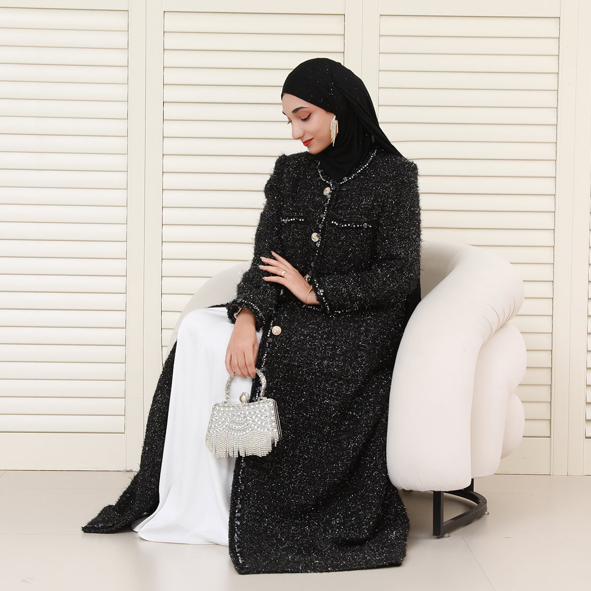 Wool Blend Winter Tweed Abaya Coat with Rhinestone Trim – Elegant Chanel-Inspired Modest Outerwear(NCC001)